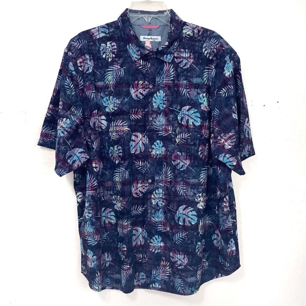 Tommy Bahama Fern Palm Print Camp Shirt Mens XL Blue Cotton Tropical Resort